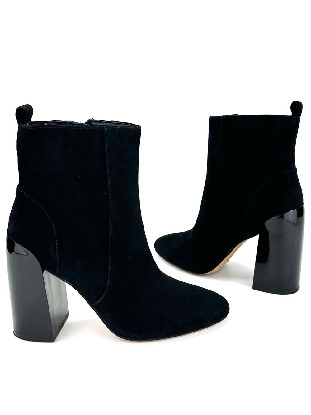 Vince Camuto Enverna Mirrored Block High Heel Bootie Sz 8 Black Suede Almond Toe